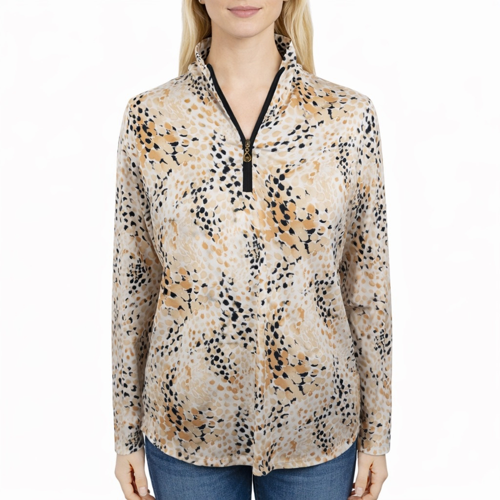 San Soleil Gold Animal Print 1/4 Zip Golf Top Sun Protection Womens size L